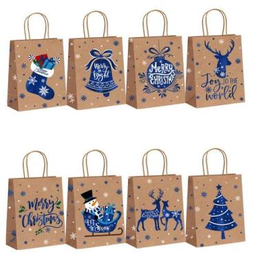 Imagem de Saco de presente: papel kraft azul, folha de Natal, 22x16x8cm, 10 unid