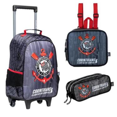 Imagem de Kit Mochila Com Carrinho Lancheira Térmica e Estojo Duplo Corinthians 