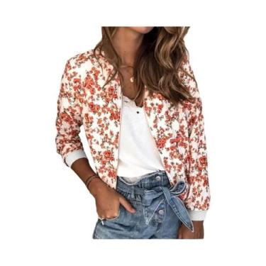Imagem de Jaqueta Bomber Feminina Com Estampa Floral E Zíper, Ajuste Slim Para P