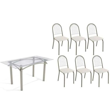 Imagem de Conjunto: Mesa Sala Jantar Elba C- Tampo De Vidro 150cm E 6 Cadeiras Noruega Niquel - Courano Branco - Kappesberg