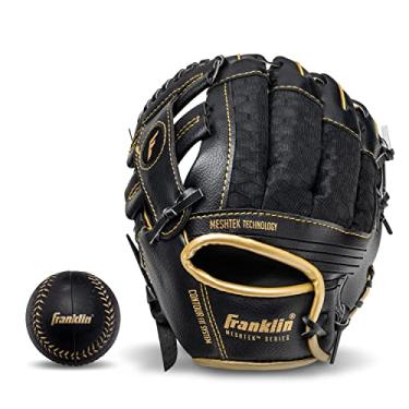 Imagem de Franklin Sports Conjunto de luva e bola de Teeball – Luva de Teeball Meshtek e bola de beisebol de espuma– Preto/Dourado – 24 cm, Luva para mão esquerda