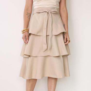 Imagem de Saia Feminina Três Maria Babado Midi Com Cinto Evangélica Cor:BegeTama