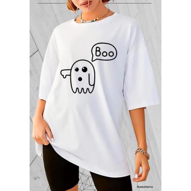 Imagem de Camiseta Oversized Feminina 100 Algodão Gola Redonda Estampa Boo Fantasma Streetwear-Feminino