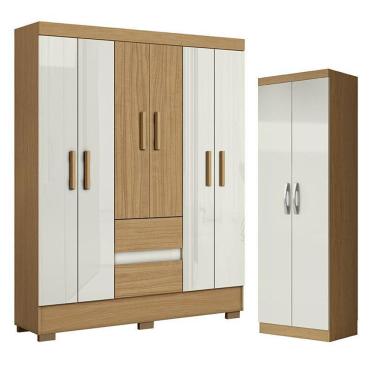 Imagem de Kit Guarda Roupa Casal Coimbra 6 Portas 2 Gavetas MDP Atacama Off White + Armário Multiuso Aramóveis