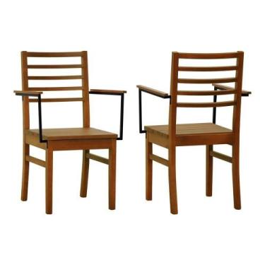 Imagem de Kit 2 Cadeiras Tiê Madeira Maciça Encosto Ripado C-braço Metal - Amênd