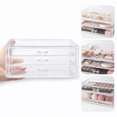 Imagem de Organizador Maquiagem Cosmeticos Com 3 Gavetas Estante Gaveteiro Joias Brincos Divisorias Acrilico Caixa Porta Batom Lap