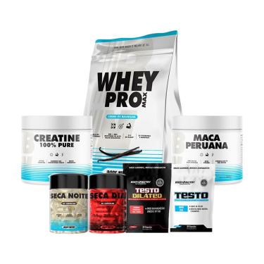 Imagem de Kit Completo 7 Itens Whey 900g Creatina 100 300g Seca Dia e Noite 3 Suplementos Energia...