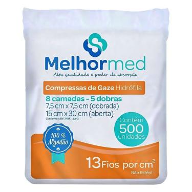 Imagem de Compressa de Gaze Não Estéril Melhormed para Curativos 13 Fios 100% Algodão Hidrófilo 7,5cm X 7,5cm Embalagem com 500
