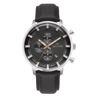 Imagem de Relogio Technos Masculino prata pulseira de couro preto Cronografo cal