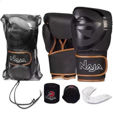 Imagem de Kit Luvas De Boxe E Muay Thai Naja Black Line + Bandagem + Protetor Bu