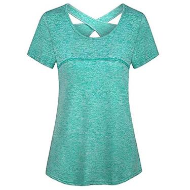 Imagem de Camiseta feminina manga curta para ioga, secagem rápida, corrida, treino, camiseta esportiva, top, ioga, roupas esportivas(M)(Verde)
