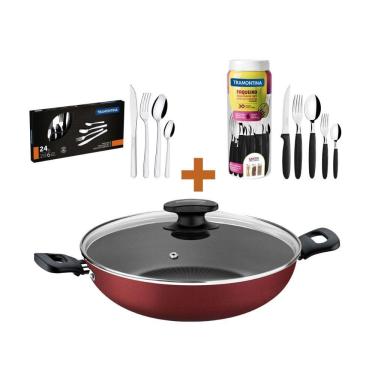 Imagem de KIT - Panela Wok Alumínio 28Cm + 1 Faqueiro 30pç + 1 Faqueiro Inox 24pç - Tramontina