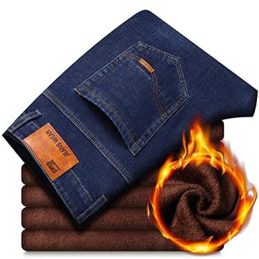 Imagem de Calças Jeans Inverno Novos Homens Jeans Quente Negócios Casual Elasticidade Calças Jeans Grossas Slim Calças Marca Preto Plus Size 40, Azul 8010, 34