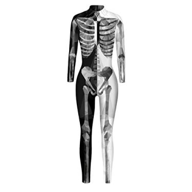 Imagem de Women Halloween Party Costume Skull Print Long Sleeve Jumpsuit Outfit Skeleton Print Bodysuit Medium