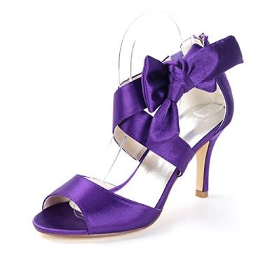Imagem de Creativesugar sandália feminina laranja laço cetim vestido sapatos de noiva salto de casamento, festa show sapatos, Eggplant, 7.5