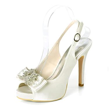 Imagem de Sapatos de casamento de noiva de salto alto de cetim marfim Peep Toe feminino sapatos de salto agulha com strass 35-42,Ivory,7 UK/40 EU