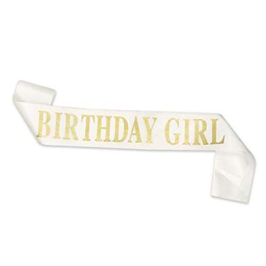 Imagem de Faixa de aniversário Dadam para meninas, faixa branca de cetim para aniversário, menina com glitter dourado, letras, lembranças, suprimentos e decorações