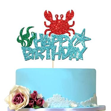 Imagem de Topo de bolo de feliz aniversário azul celeste com caranguejo, decoração de bolo de comida sob o mar/mar, topo de cupcake de lagostim, placa de festa de animais marinhos, chá de bebê/crianças 1º 2º 3º