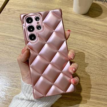Imagem de Capa de telefone de silicone macio treliça de diamante de luxo para Samsung S22 Ultra S21 Plus Proteção de lente Airbag quadrado Capa à prova de choque, rosa, para S21 Plus