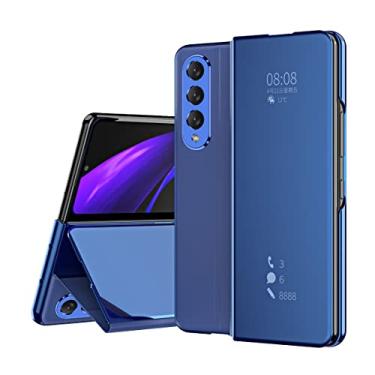 Imagem de Capa flip capa espelho PC capa para Samsung Galaxy Z FOLD3/W22, capa fina transparente translúcida galvanizada capa protetora à prova de arranhões capa traseira do telefone com suporte integrado (cor: azul celeste)