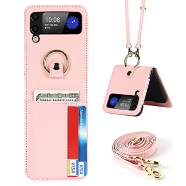 Imagem de Estojo para porta-cartões com cordão de anel de luxo capa de couro PU para Samsung Galaxy Z Flip 3 5G Capas de telefone Kickstand, rosa, para galaxy Z flip 3