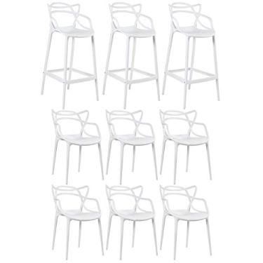 Imagem de Loft7, Kit 6x Cadeiras + 3x Banquetas Altas Masters Allegra, Polipropileno, Área Gourmet, Sala de Estar, Jantar, Cozinha e Comercial - Branco