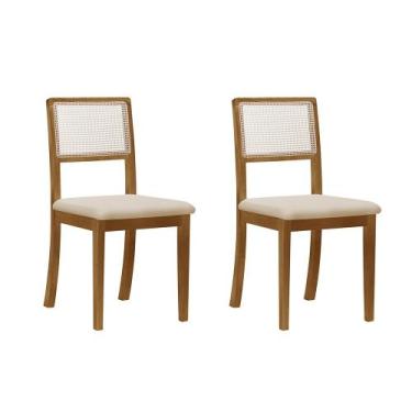 Imagem de Kit 2 Cadeiras De Jantar Palha Estofadas Veludo Bege Encosto Tela Sext