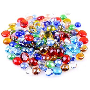 Imagem de KINGOU Mármores de vidro plano, pedras de substituição Mancala de 0,30 kg de seixos/contas/pedras de vidro plano coloridas misturadas para jogos contas de enchimento de vaso seixos de aquário artesanato DIY (12-16 mm)