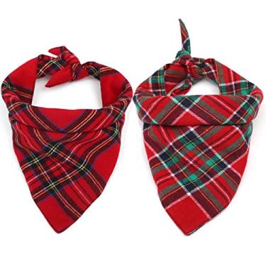 Imagem de Yu-Xiang – Pacote com 2 lenços vermelhos com listras verdes para cães e animais de estimação e gola alta, para Natal, fantasias de cães grandes, trajes para animais de estimação, bandana, vestido com