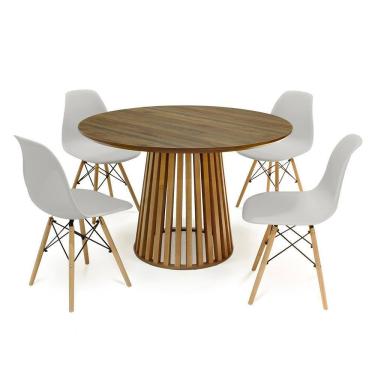 Imagem de Conjunto Mesa de Jantar Redonda Luana Amadeirada Natural 120cm com 4 Cadeiras Eames Eiffel - Cinza