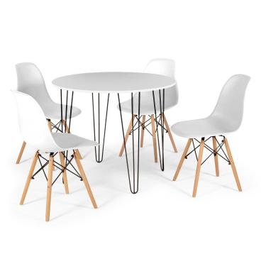 Imagem de Conjunto Mesa de Jantar Redonda Hairpin 90cm Branca com 4 Cadeiras Eames Eiffel - Branco