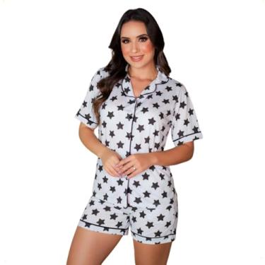 Imagem de Pijama Feminino Aberto Amamentação Verão Poliéster Viscose Estrela/Branco - Tamanho XG Plus Size - Veste 52