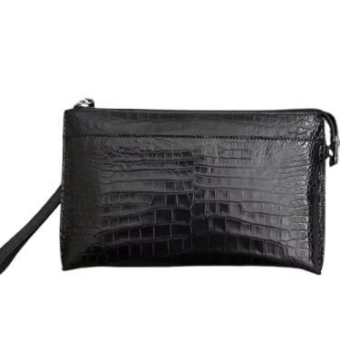 Imagem de Bolsa de mão autêntica exótica de crocodilo para homens de negócios clássica preta couro de jacaré genuíno masculina grande bolsa de pulso com zíper, preta, Preto