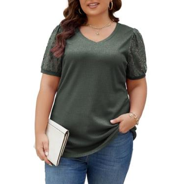 Imagem de Halife Blusa feminina plus size com gola V e manga curta de renda, Verde militar, 3G