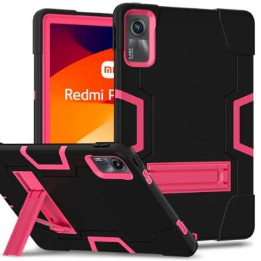 Imagem de Capa protetora para Xiaomi Redmi Pad SE 11 polegadas, fina, resistente, à prova de choque, resistente, com suporte integrado para Redmi Pad SE 11 2023 (preto + rosa vermelha)