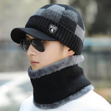 Imagem de Chapéu De Lã Masculino Para Inverno Com Cachecol  - ElaShopp