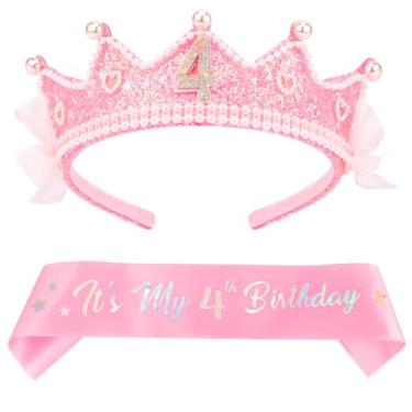 Imagem de Chanaco Decoração de aniversário de 4 anos, coroa de aniversário de pérola para meninas de 4 anos, faixa e tiara de 4 anos, roupa de cabeça de coração com glitter rosa, acessórios de cabelo, laço fofo