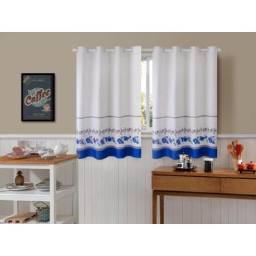 Imagem de Cortina De Cozinha Em Tecido Linhão 4,00m x 1,30m Floral Azul - Ibitin