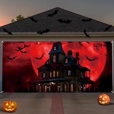 Imagem de Halloween Assustador Assombrado Decoração Porta de Garagem Fundo Lua Cheia Noite Cemitério Vermelho Fotografia Fundo Dead Branch Horror Ghost Cemitério Halloween Assassinato Festa Decoração Banner