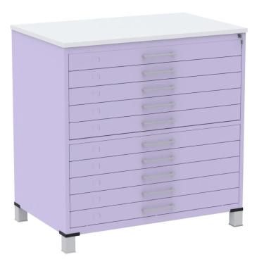 Imagem de Mapoteca 10 Gavetas Pandin 120 cm (Larg) Inmetro Tampo MDP Branco Estrutura e Gavetas em Aço Lilás