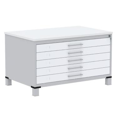 Imagem de Mapoteca 5 Gavetas Pandin 120cm (Larg) Inmetro Tampo MDP Branco Estrutura Aço Cinza Gavetas Brancas