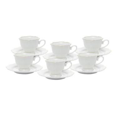 Imagem de CJ 6 XICARAS CHA PORCELANA C/PIRES MALDIVAS BRANCO C/FIO DE OURO 180ml