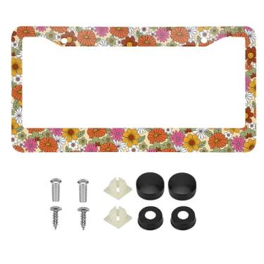 Imagem de 1 peça Retro Smiley Flowers Suportes de capa de moldura de placa de licença de liga de alumínio com tampa de parafuso e conjunto de chave de fenda - 2 furos