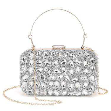 Imagem de DTGN Bolsas de noite, bolsas de mão para mulheres, bolsa de mão de pedra preciosa com strass, bolsa quadrada transversal para festa de casamento, Prata, L (US 12)
