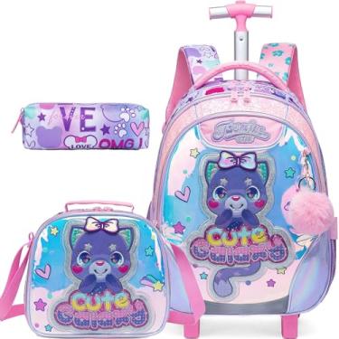 Imagem de Mochila com Rodinhas Gato Fofo para Meninas, Mochilas com Rodas para Estudantes Ensino Fundamental e Pré-escola, 3 em 1, Mala de Viagem, Estojo de Lanche e Estojo de Lápis para Meninas de 8 a 10 Anos