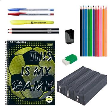 Imagem de Kit Material Escolar Caderno 10 Matérias Estojo Triplo + Itens Masculi