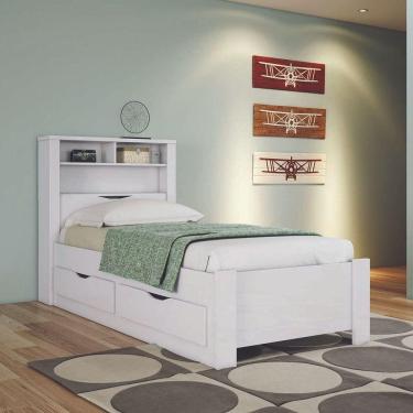 Imagem de Cama Invicta Solteiro Branco Com 2 Gavetas, Baú, Tomada E Prateleiras - Santos Andirá