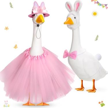 Imagem de Jeere 2 conjuntos de roupas de páscoa de ganso de varanda para ganso de cimento 58 cm, incluindo 2 chapéus de orelhas de coelhinho da Páscoa, tutu, gravata borboleta e cauda de coelho para decoração