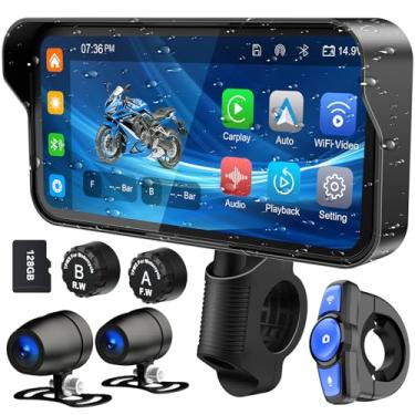 Imagem de Weuaste GPS para Motocicleta de 6,2 Polegadas, CarPlay Sem Fio, Android Auto, Câmeras Duplas HD 1080P, TPMS, Controle Remoto, Tela Sensível ao Toque Impermeável