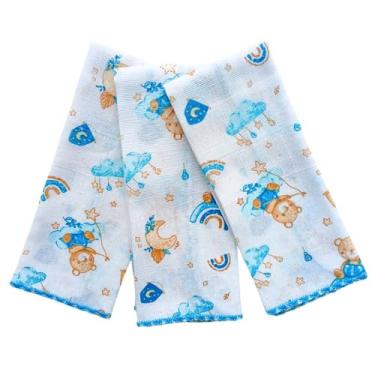 Imagem de Paninho de Boca Pano Fralda Enxoval Maternidade Higiene Macio 100% Algodão 3 un Menina e Menino (Urso Azul)
